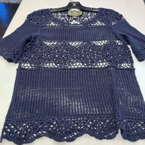 NWOT ANTHROPOLOGIE James Coviello Navy Crocheted Lace Short Sleeve Top, XS - Picture 7 of 8